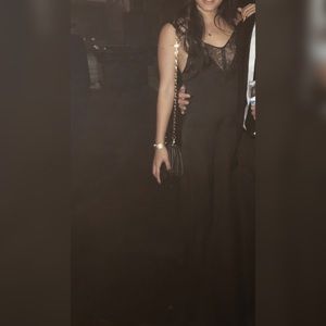 Capulet black maxi dress with lace plunge neckline and two side slits